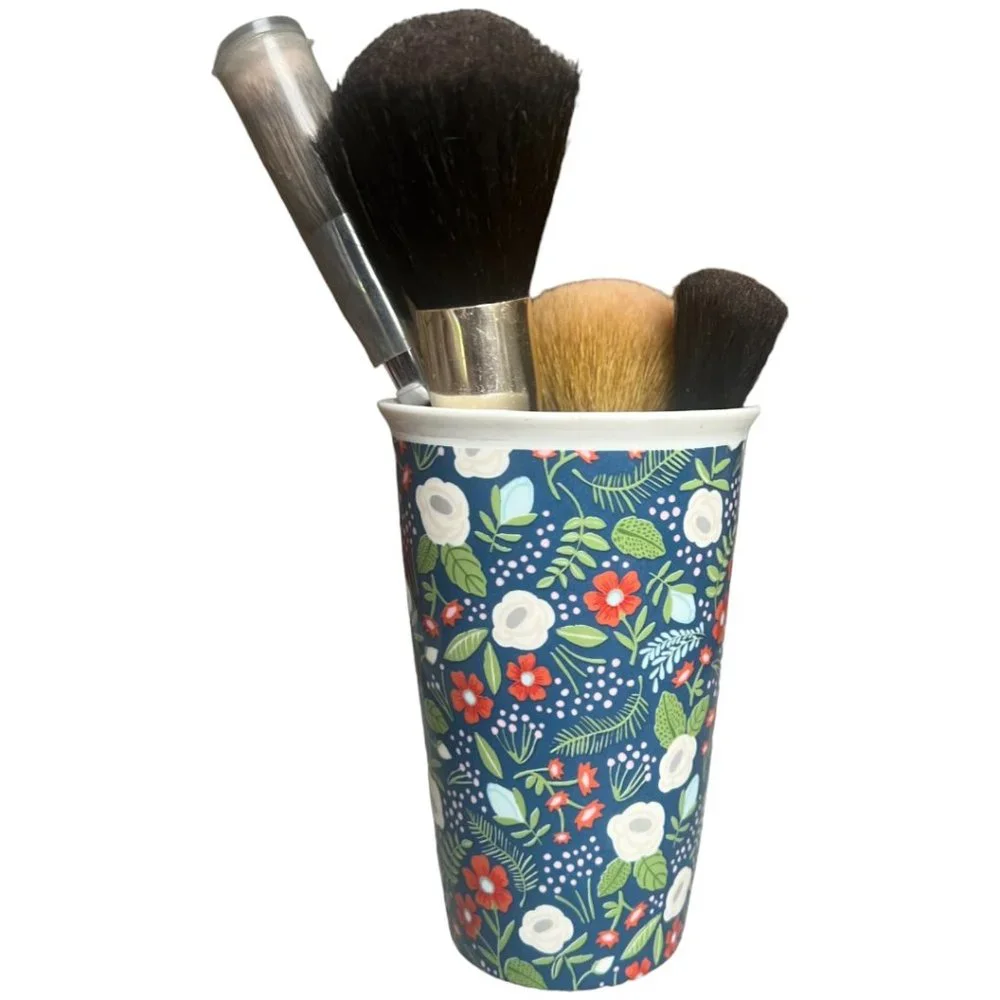 Blue Floral Double Walled Insulated Ceramic Travel Tumbler Pencil Holder READ - Picture 3 of 9